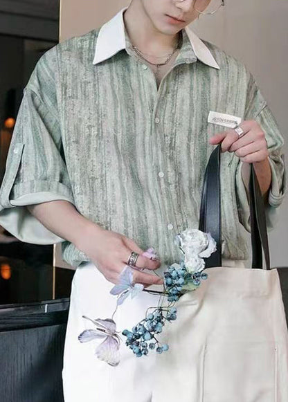 Shirts Stylish Cotton Button Light Men Patchwork Striped Green