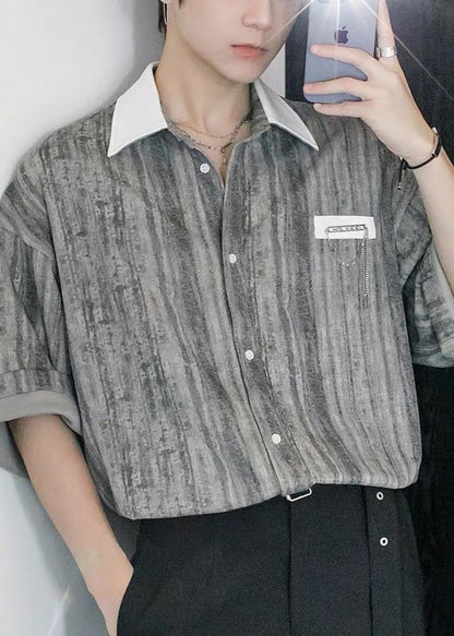 Shirts Stylish Cotton Button Light Men Patchwork Striped Green