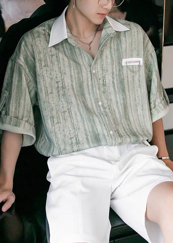 Shirts Stylish Cotton Button Light Men Patchwork Striped Green