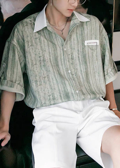 Shirts Stylish Cotton Button Light Men Patchwork Striped Green