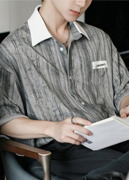 Shirts Stylish Cotton Button Light Men Patchwork Striped Green