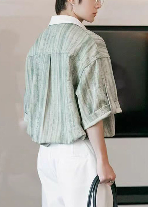 Shirts Stylish Cotton Button Light Men Patchwork Striped Green