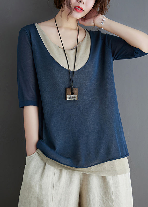 Pièce d'été élégante Deux hauts bleu marine en patchwork de tricot