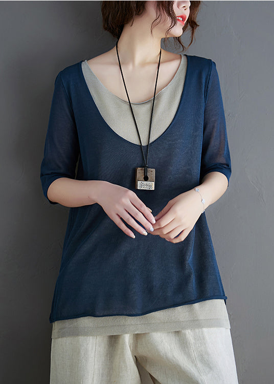 Pièce d'été élégante Deux hauts bleu marine en patchwork de tricot