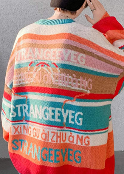 Pull rayé orange élégant à col rond pour homme, idéal pour l'hiver, RC032