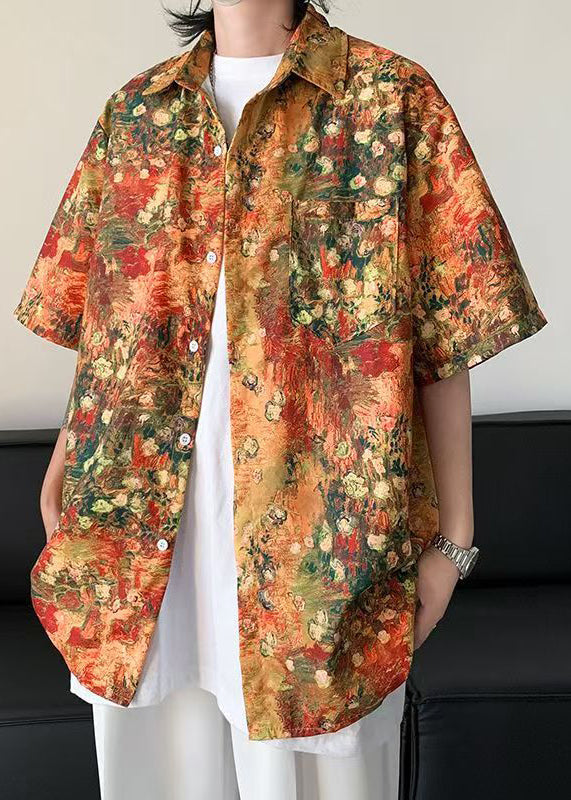 Orange Halb Herren Ärmel Shirts Taschen Print Seide Stilvolle Eis