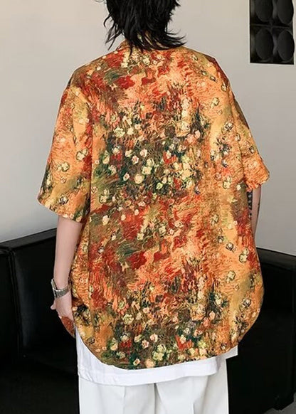 Orange Halb Herren Ärmel Shirts Taschen Print Seide Stilvolle Eis