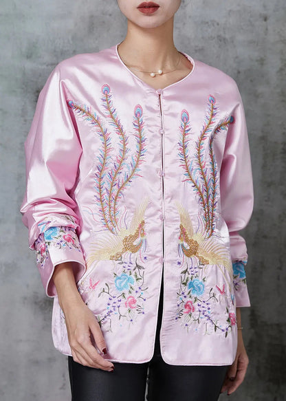 Stylish Pink Embroidered Pockets Silk Jacket Spring Ada Fashion