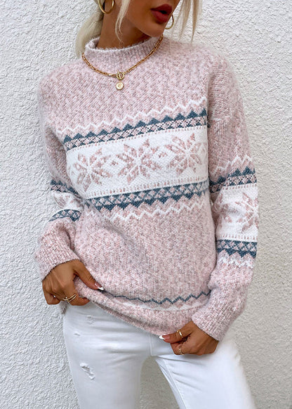 Pulls en tricot épais jacquard à col mi-haut rose élégants pour l'automne QY014