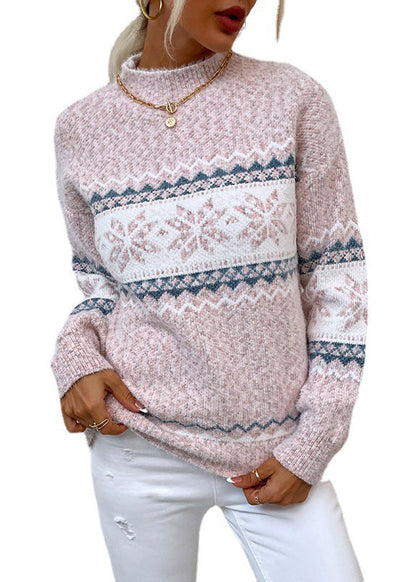 Pulls en tricot épais jacquard à col mi-haut rose élégants pour l'automne QY014