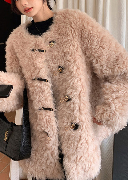Manteau d'hiver en fausse fourrure rose élégant à col rond et boucle YY002