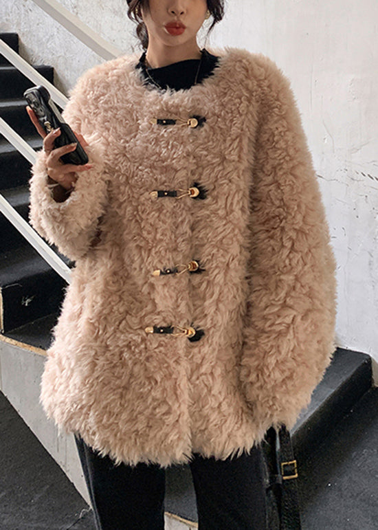 Manteau d'hiver en fausse fourrure rose élégant à col rond et boucle YY002