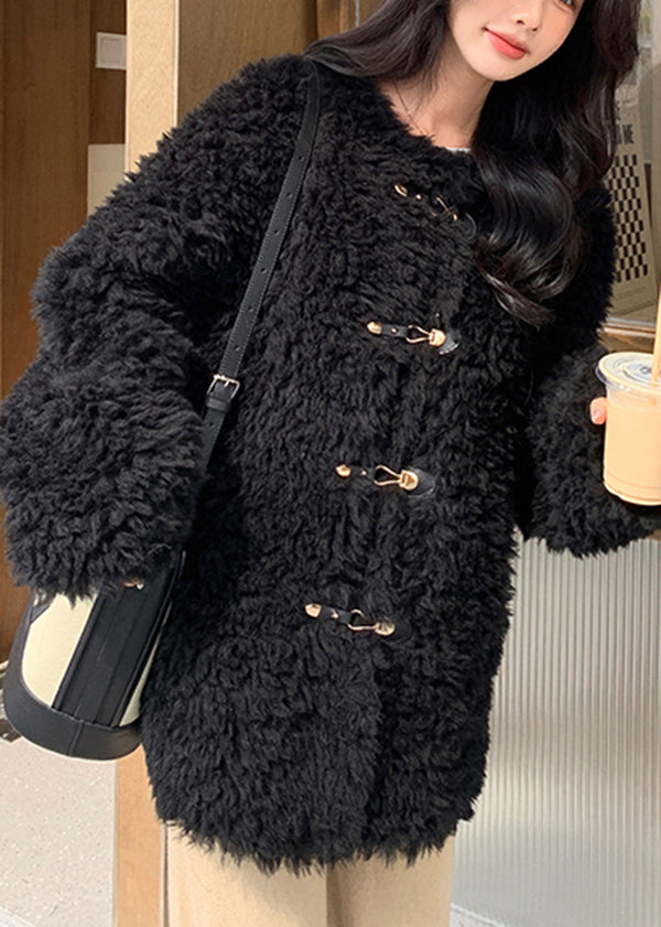 Manteau d'hiver en fausse fourrure rose élégant à col rond et boucle YY002
