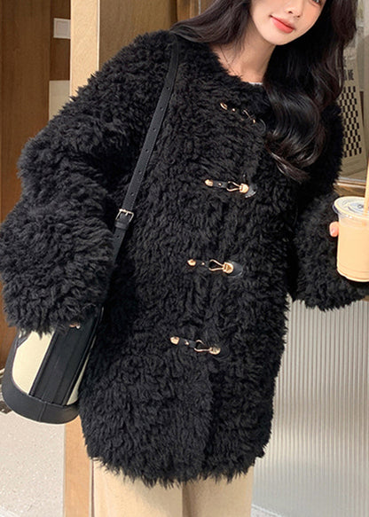 Manteau d'hiver en fausse fourrure rose élégant à col rond et boucle YY002