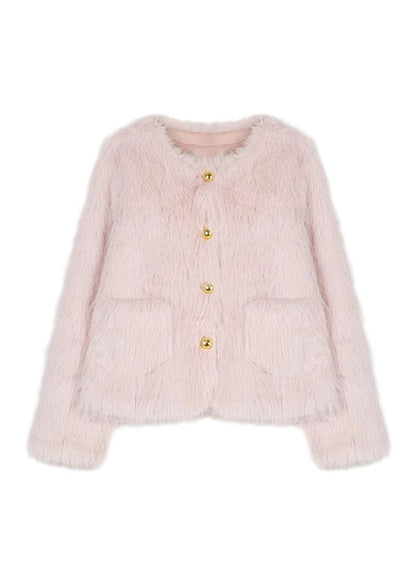 Veste d'hiver en fausse fourrure rose élégante avec poches WO021