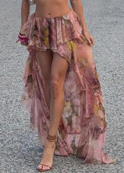 Jupe d'été basse en mousseline de soie, imprimé élégant, rose, haute