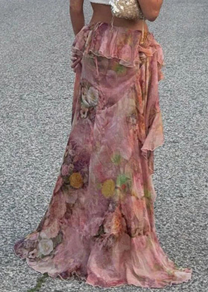 Jupe d'été basse en mousseline de soie, imprimé élégant, rose, haute