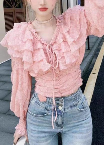 Stylish Pink Ruffled Lace Up Chiffon Blouses Long Sleeve Ada Fashion