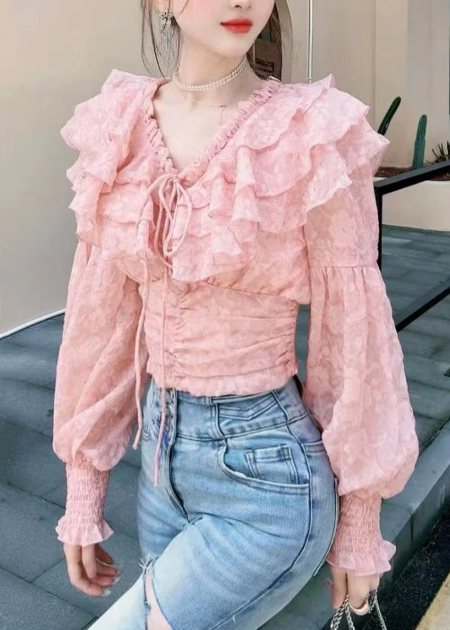 Stylish Pink Ruffled Lace Up Chiffon Blouses Long Sleeve Ada Fashion