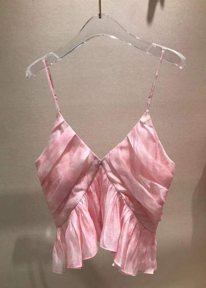 Neck Stylish Tank Sleeveless Spaghetti V Wrinkled Pink Strap