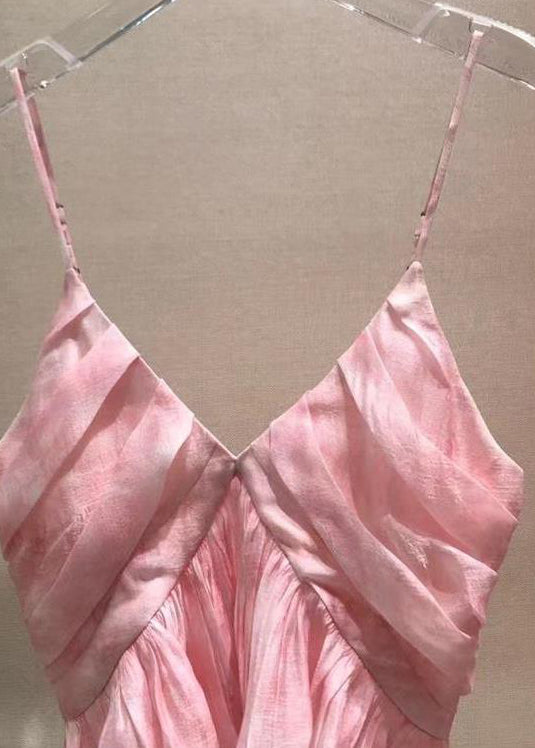 Neck Stylish Tank Sleeveless Spaghetti V Wrinkled Pink Strap