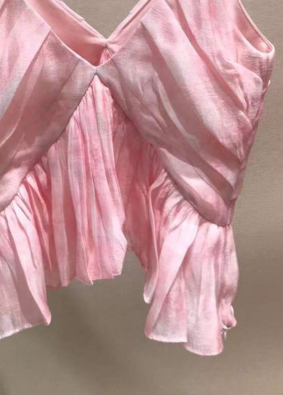 Neck Stylish Tank Sleeveless Spaghetti V Wrinkled Pink Strap