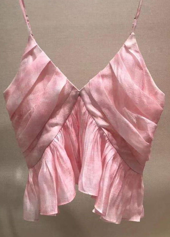 Neck Stylish Tank Sleeveless Spaghetti V Wrinkled Pink Strap