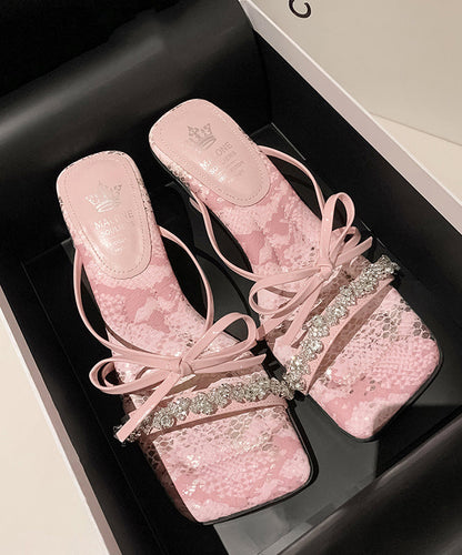 Zirkon Schleife Slide Stilvolle Sandalen Heels Chunky Pink Splicing