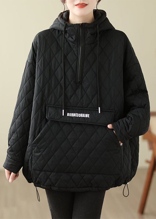 Stilvoller schwarzer Kapuzenpullover mit Taschen und feiner Baumwollfüllung in Übergröße, Frühling TI005