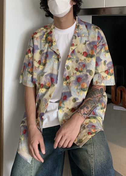 Button Stylish Mens Shirts Summer Print Cotton