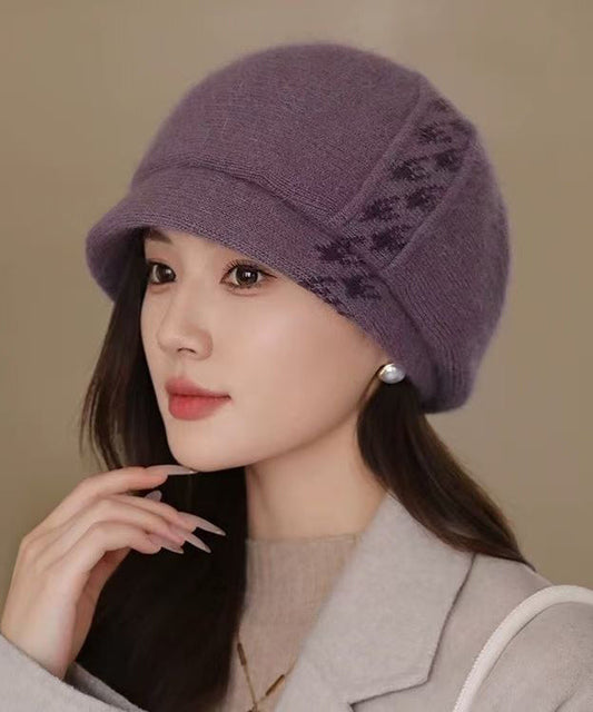 Béret élégant en tricot de coton violet, chaud et confortable RB046