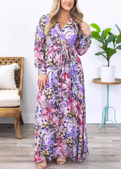 Robe longue en mousseline de soie à imprimé violet élégant avec ceinture nouée et manches longues AU1030