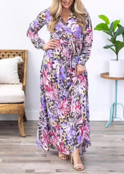 Robe longue en mousseline de soie à imprimé violet élégant avec ceinture nouée et manches longues AU1030