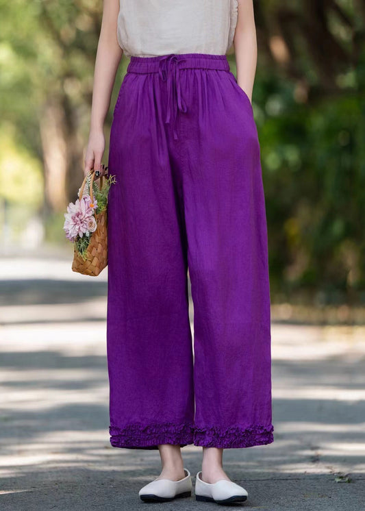 Pantalon large en lin violet uni avec poches et volants