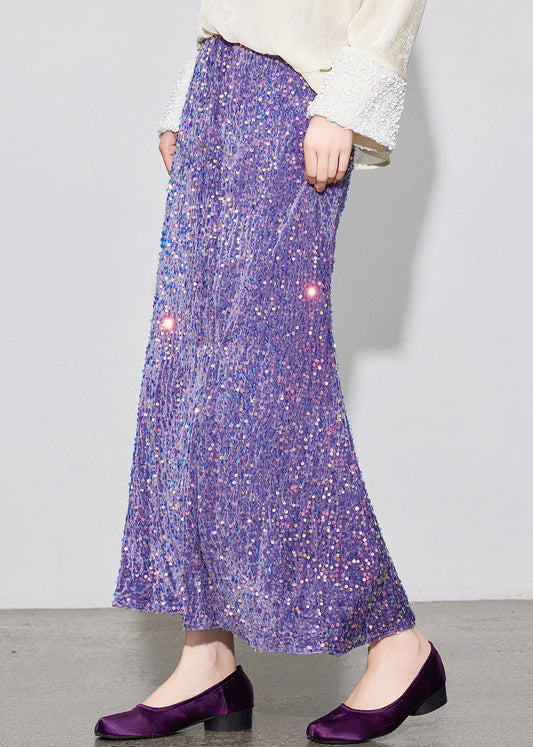 Elastic Skirt Silk Spring Stylish Sequins Velvet Waist Purple