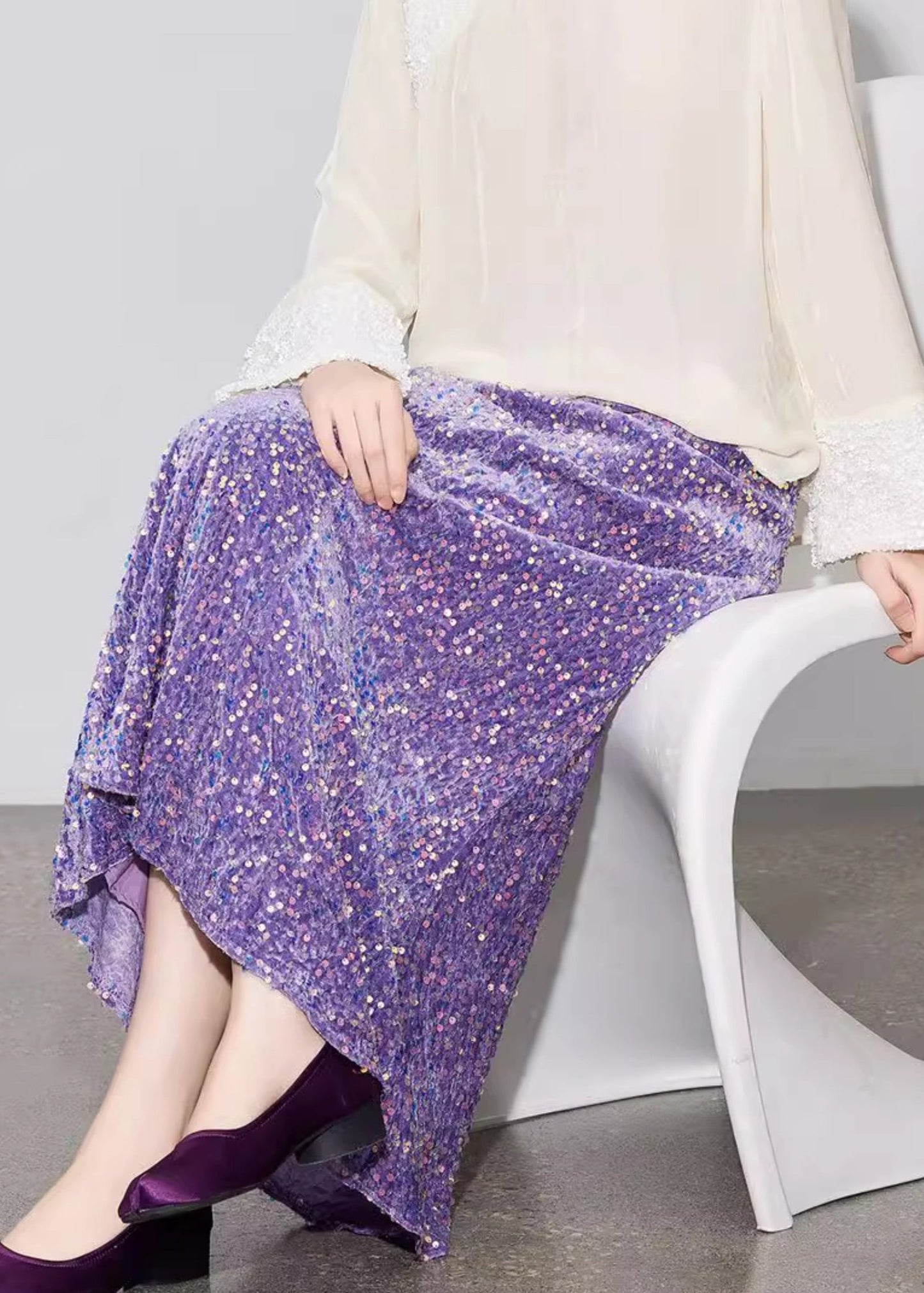 Elastic Skirt Silk Spring Stylish Sequins Velvet Waist Purple