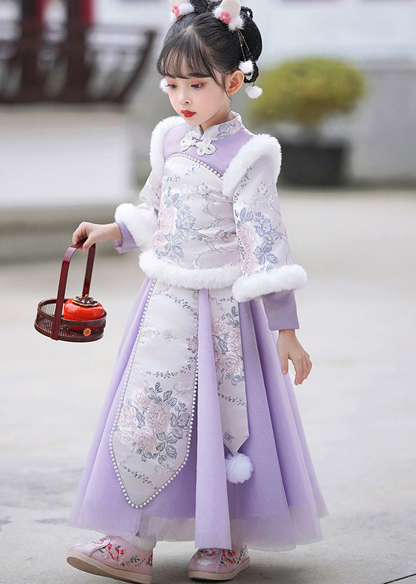 Stilvolle Lila Stehkragen Bestickt Nagel Perle Mädchen Maxi Kleider Winter TR011