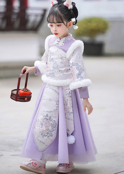 Stilvolle Lila Stehkragen Bestickt Nagel Perle Mädchen Maxi Kleider Winter TR011
