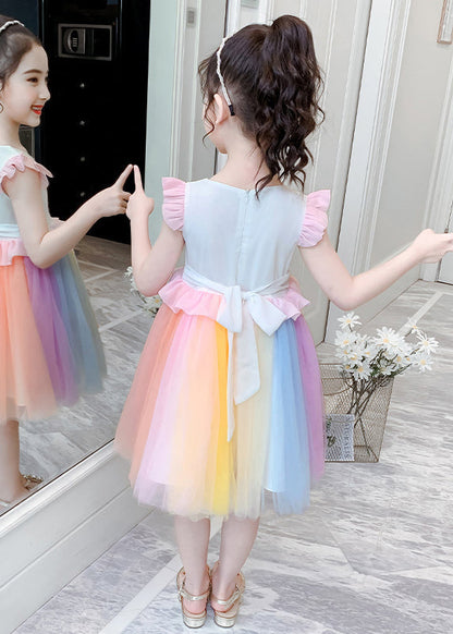 Robe élégante en coton patchwork à col rond et tulle arc-en-ciel pour filles, été EW053