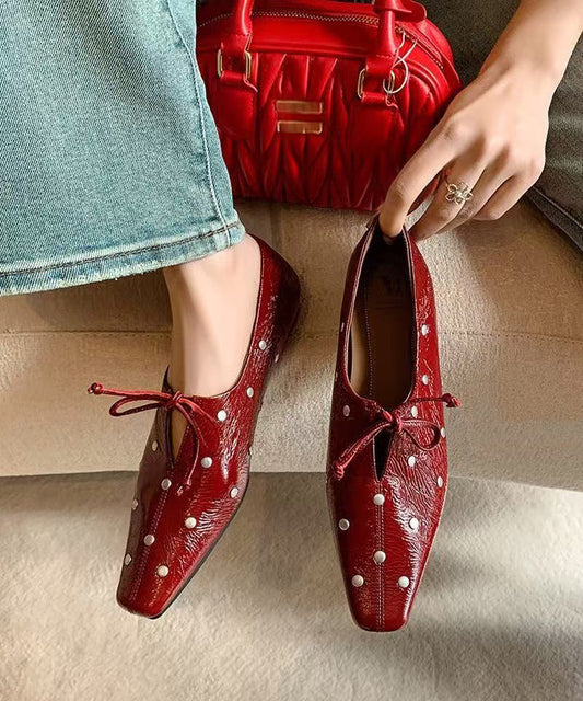 Stylish Red Cowhide Leather Flat Feet Shoes Bow Rivet YC034