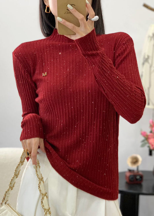 Stylish Red O Neck Sequins Wool Knit Sweater Fall QG003