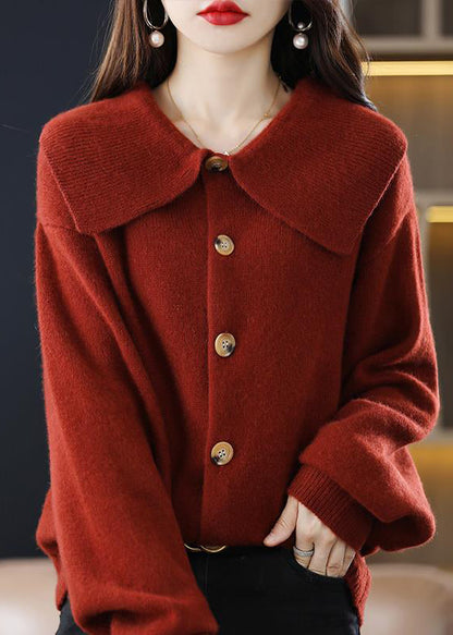 Cardigan élégant en tricot uni à boutons et col Peter Pan rouge pour l'automne QI048