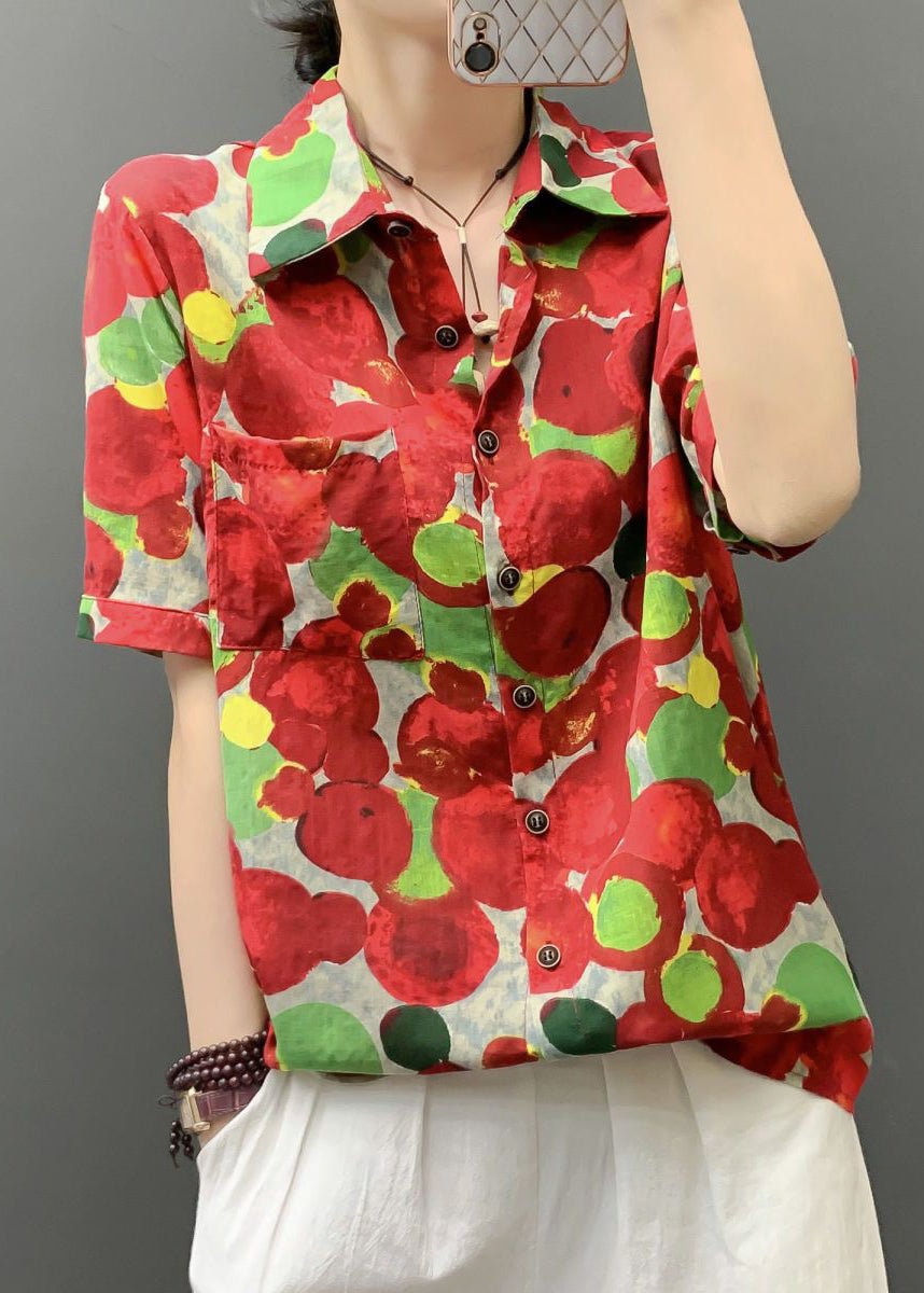 Stylish Red Print Button Pockets Cotton Blouses Short Sleeve AU1041