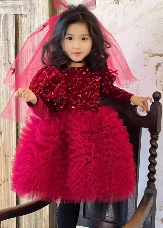 Robe longue élégante en velours de soie rouge et tulle à paillettes pour enfant, hiver RP031