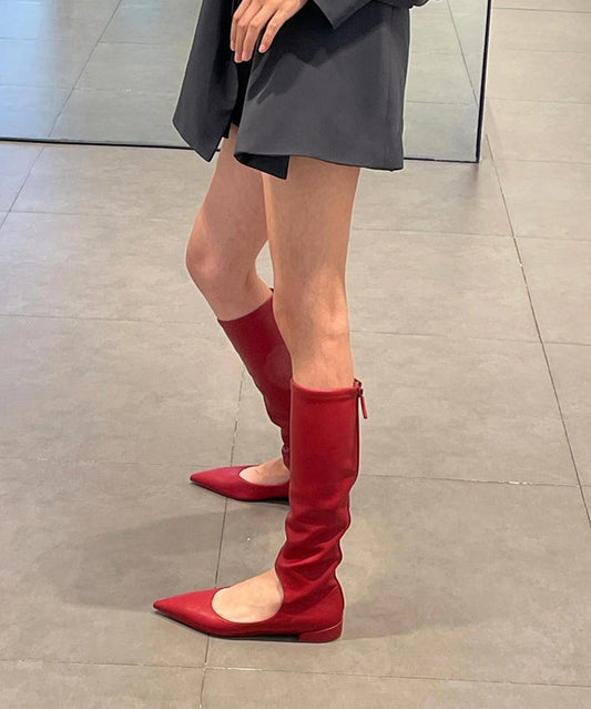 Bottes élégantes rouges à épissure, bout pointu ajouré et fermeture éclair OM008