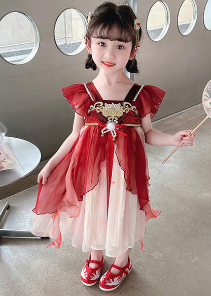 Robe longue en mousseline de soie à col carré rouge élégant pour enfants, patchwork de perles à ongles, manches courtes GF019