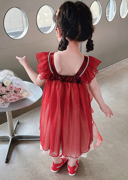 Robe longue en mousseline de soie à col carré rouge élégant pour enfants, patchwork de perles à ongles, manches courtes GF019