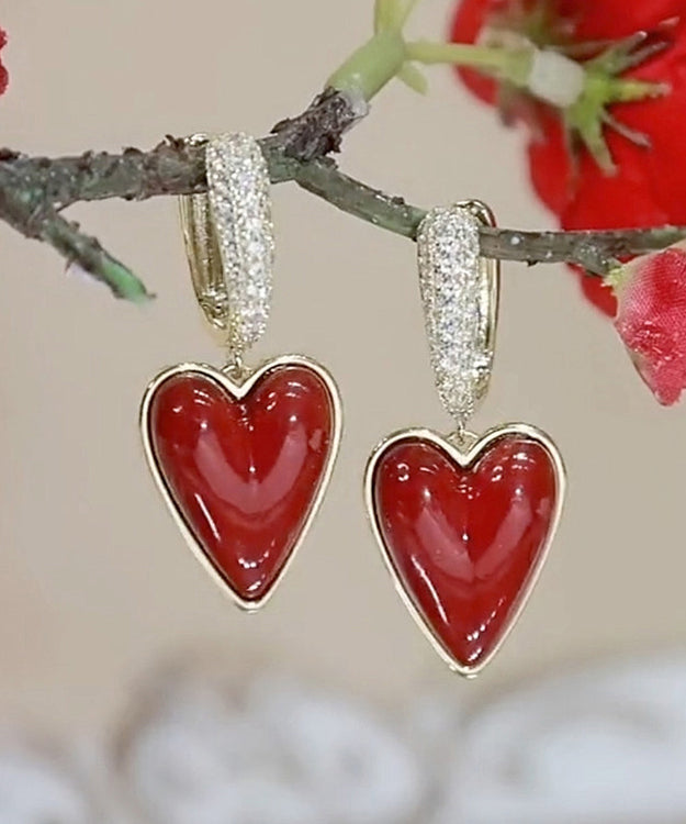 Stylish Red Sterling Silver Overgild Zircon Love Drip Glaze Drop Earrings KX1046