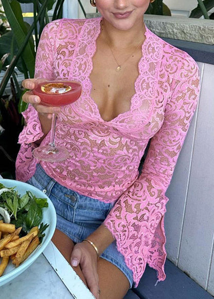 Rote T-Ärmel Flare Neck Lace Stilvolle Shirts V