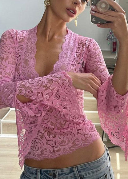 Rote T-Ärmel Flare Neck Lace Stilvolle Shirts V